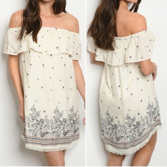 OFF SHOULDER IVORY BOHO STYLE DRESS - Picture 1 of 8